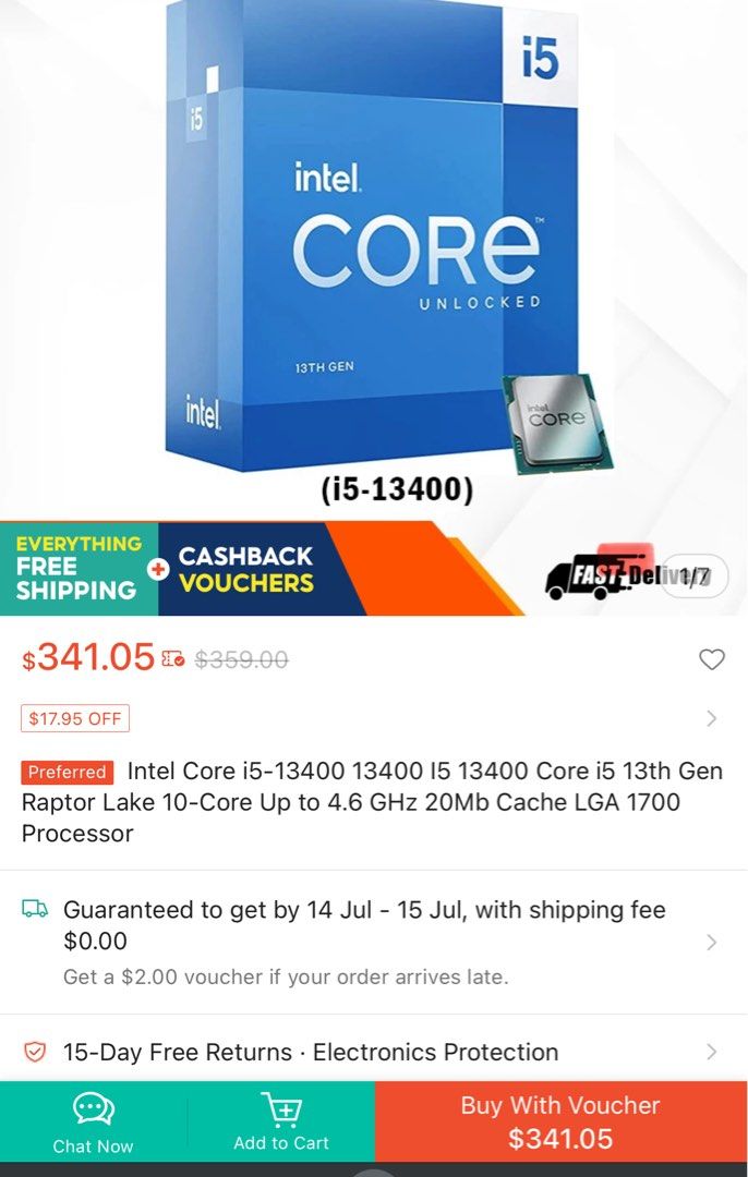 Intel Core i5-13400 Processor (Category: Computer Parts) located in Singapore. Submitted by henry3211 (Listing ID 1380078113, Image 1). Description: Brand new Intel Core i5-13400 processor. 13th Gen Raptor Lake, 10-Core, up to 4.6 GHz. Includes 20MB Cache and LGA 1700 socket. Guaranteed delivery between July 14-15. Comes with free shipping and a $2 voucher if the order arrives late..