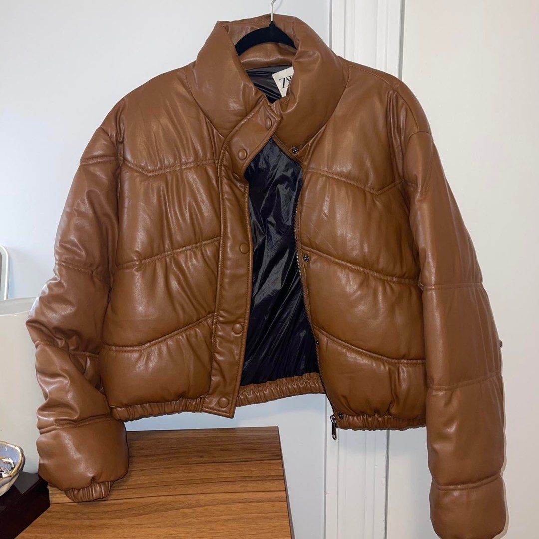 Zara Leather Jacket puffer brown Jaket Zara crop, Fesyen Wanita