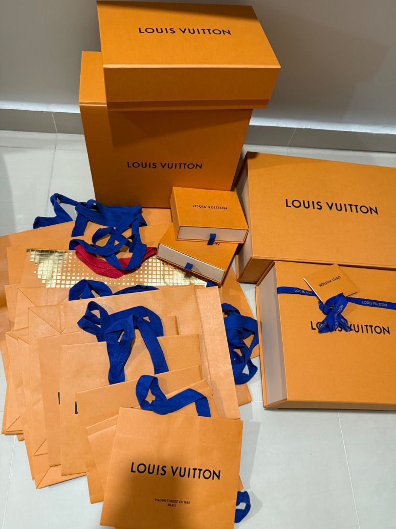 Louis Vuitton Paper Bags & Box (Category: Accessories) located in Singapore. Submitted by vanilla.twilights (Listing ID 1380074314, Image 1). Description: Louis Vuitton gift packaging, including various boxes and paper bags. Sizes vary, perfect for gifting or storage. Measurements in the photo in cm. paper bag 1st & 2nd : $5 each 3rd : $6 each 4th : $8 each 5th : $10 each box : $25 .