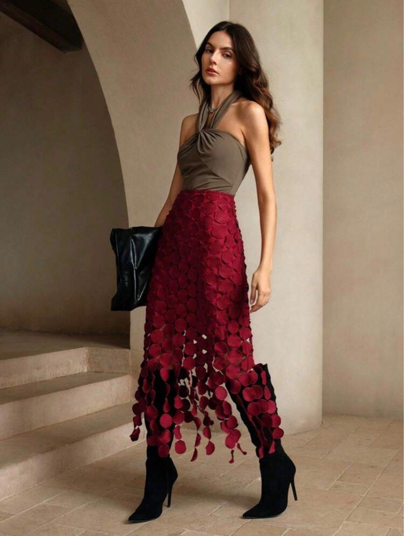 Red Maroon Burgundy Double Layered Skirt (Category: Skirts) located in San Juan City. Submitted by kassyjsn (Listing ID 1379931245, Image 1). Description: Super love this skirt! Love the flowy detail. Only used for 2 hours. Still has a tag. Good as brand new :) Best fits M. Please see measurements. Material: Woven fabric Red Maroon Burgundy Double Layered Skirt.