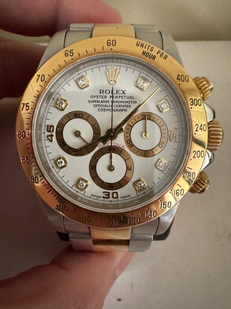 Rolex Daytona (Category: Luxury Watches) located in Quezon City. Submitted by katzzzu (Listing ID 1105420450, Image 1). Description: -Rolex Daytona Zenith -2 tone yellow gold -Diamond studded dial -w/ RSC authentication -w/ extra links -1999 model.