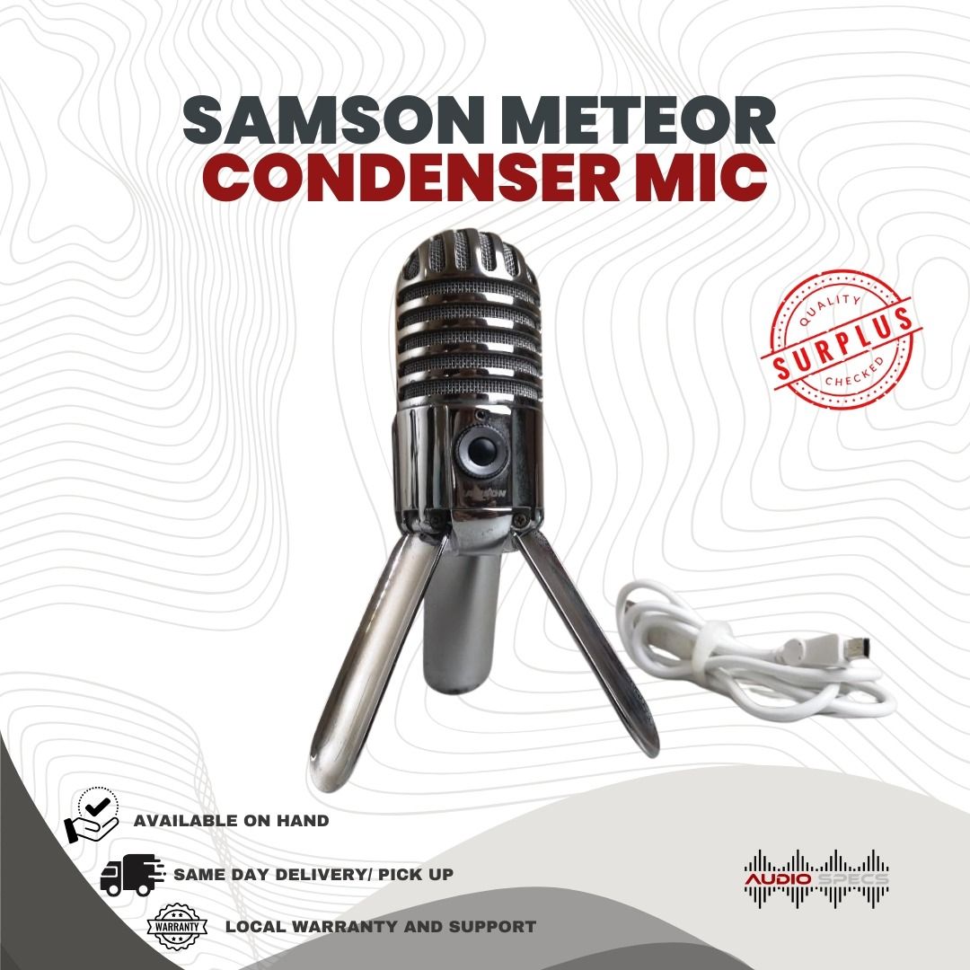 Samson Meteor Mic Studio Recording Condenser Microphone Fold-back Leg with USB Cable Carrying Bag for Computer (Category: Microphones) located in Quezon City. Submitted by allanpauco (Listing ID 1213303816, Image 1). Description: Samson Meteor Mic Studio Recording Condenser Microphone Fold-back Leg with USB Cable Carrying Bag for Computer P 2850 Slightly used in good working and sounding condition. Comes with USB cable. Features: Professional stu