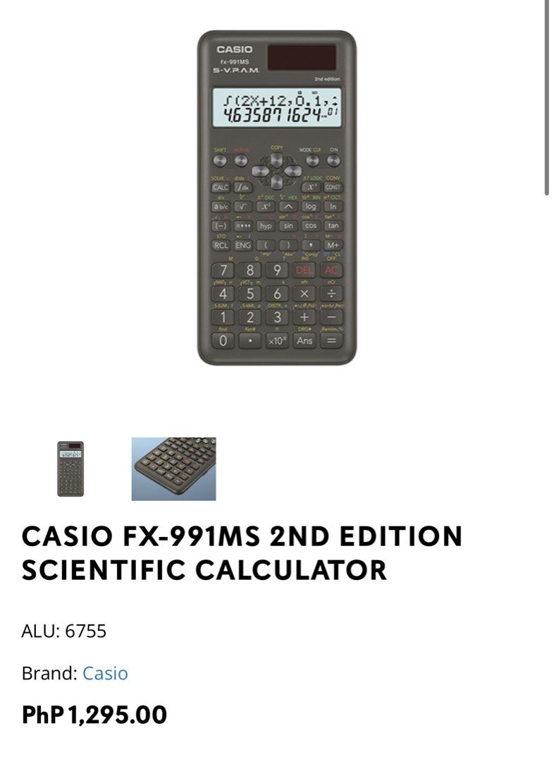 scientific calculator fx 991ms 2nd edition (Category: Office & Business Technology) located in Paranaque City. Submitted by jrvber (Listing ID 1380097317, Image 3). Description: scientific calculator 1295 in office warehouse slightly negotiable natural display imus/parañaque.