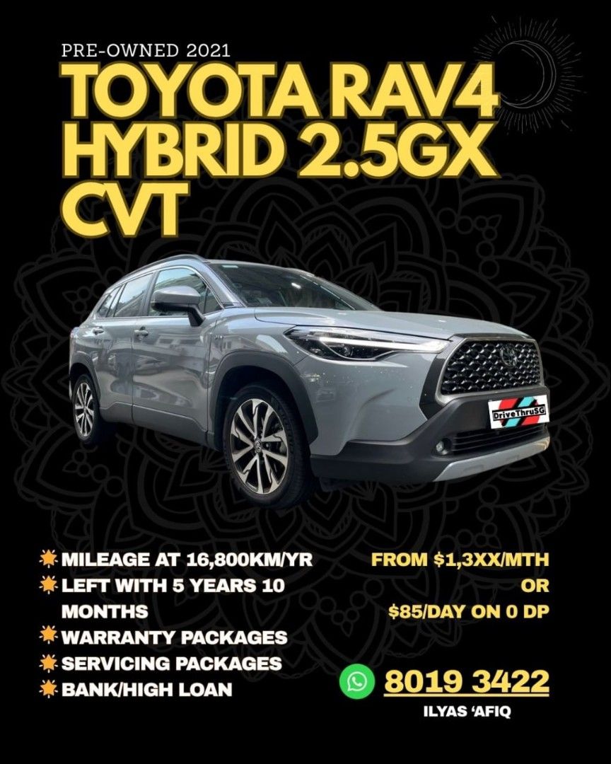 Toyota RAV4 Hybrid 2.5 GX (A) (Category: Used Cars) located in Singapore. Submitted by drivethrusg (Listing ID 1379947476, Image 1). Description: Follow @DriveThruSG on Tele, Tktk, Fb and Insta for earliest updates on cars and promos for you to enjoy! FOR SALE: 🇯🇵 TOYOTA RAV4 HYBRID 2.5GX CVT 🇯🇵 👌🏼Left w 5 years 10 months 👌🏼MILEAGE AT 16,800KM/Year 👌🏼Android Auto / Apple Carplay 👌🏼In House Workshop 👌🏼Overtrade 👌🏼Bank Loan / High L