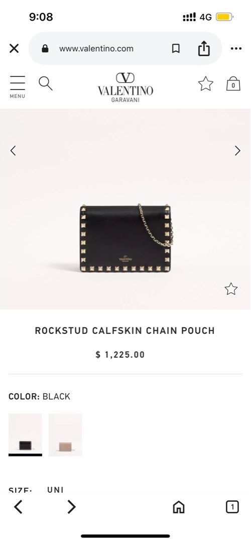 Valentino Rockstud Calfskin Chain Pouch - Black (Category: Bags & Wallets) located in Singapore. Submitted by cynthereax (Listing ID 1379916753, Image 2). Description: Authentic Valentino Rockstud Calfskin Chain Pouch in black. Features a chain strap and iconic rockstud detailing. Comes with dust bag. - Platinum-finish studs and hardware - Magnetic snap closure - Front pocket under the flap - Two compartments divided by a central zipper pocket an