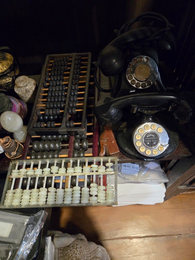 Vintage Rotary Dial Telephone/Abacus/Blue n white porcelain (Category: Vintage Collectibles) located in Singapore. Submitted by wannabe888 (Listing ID 1379984872, Image 3). Description: - 2 Antique rotary dial telephones - 3 abacus, 1 of marble - 1 blue n white table lamp - set of 9 blue and white porcelain pcs Sell as a whole set or separately possible.