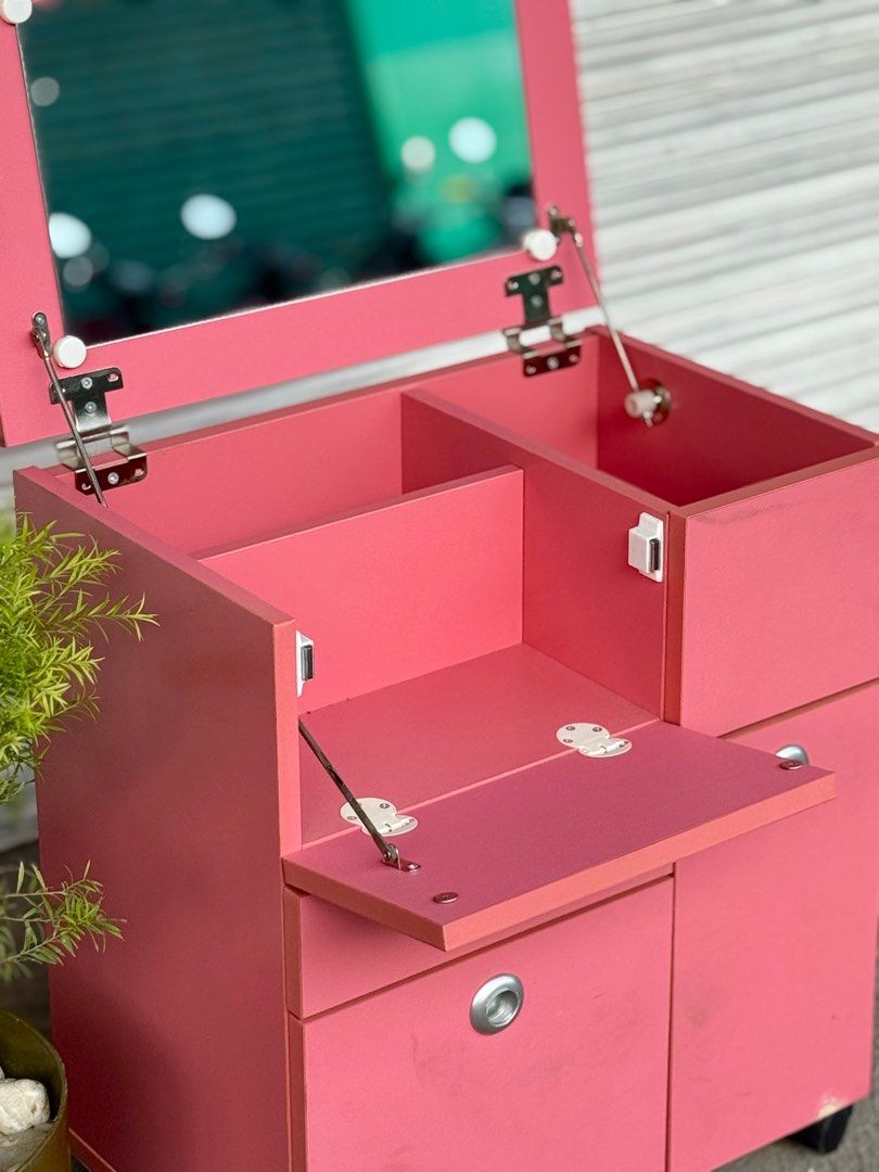 Wooden make up/ vanity trolley organizer (Category: Other Home Furniture) located in Bulacan. Submitted by rock_off.thriftshop.ph (Listing ID 1380022288, Image 3). Description: Wooden make up/ vanity trolley organizer L 18.5 inches W 12.5 H 22 Stay organized and stylish with this sleek makeup trolley organizer, designed for beauty professionals and enthusiasts alike. Featuring multiple spacious drawers, and smooth-rolling wheels, this mobile beau