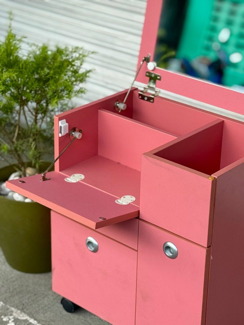 Wooden make up/ vanity trolley organizer (Category: Other Home Furniture) located in Bulacan. Submitted by rock_off.thriftshop.ph (Listing ID 1380022288, Image 2). Description: Wooden make up/ vanity trolley organizer L 18.5 inches W 12.5 H 22 Stay organized and stylish with this sleek makeup trolley organizer, designed for beauty professionals and enthusiasts alike. Featuring multiple spacious drawers, and smooth-rolling wheels, this mobile beau