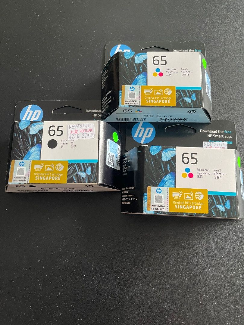 3 units - HP 65 Original Ink Cartridges 1 x black and 2 tri colour (Category: Printers, Scanners & Copiers) located in Singapore. Submitted by klhow200524500 (Listing ID 1380137474, Image 1). Description: 1 unit black and 2 units tri colour Total 3 at $70 Original HP 65 ink cartridges. Includes both black and tri-color cartridges. Compatible with HP DeskJet 2700, 2700 series, ENVY 6020, 6030 series, and AMP 120 series printers. All cartridges are