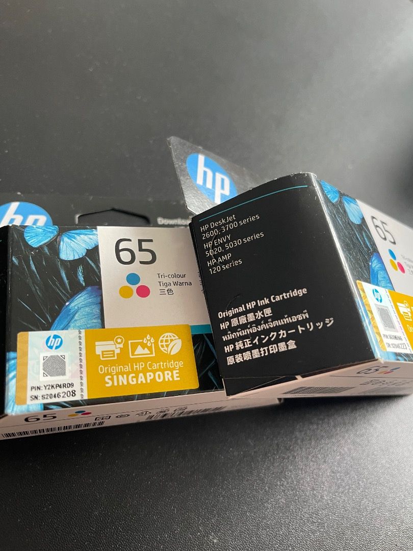3 units - HP 65 Original Ink Cartridges 1 x black and 2 tri colour (Category: Printers, Scanners & Copiers) located in Singapore. Submitted by klhow200524500 (Listing ID 1380137474, Image 2). Description: 1 unit black and 2 units tri colour Total 3 at $70 Original HP 65 ink cartridges. Includes both black and tri-color cartridges. Compatible with HP DeskJet 2700, 2700 series, ENVY 6020, 6030 series, and AMP 120 series printers. All cartridges are