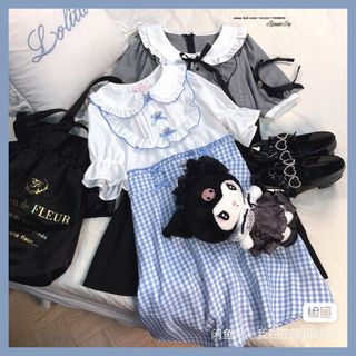 你別睡 日單 藍白格仔op裙64207222926466110