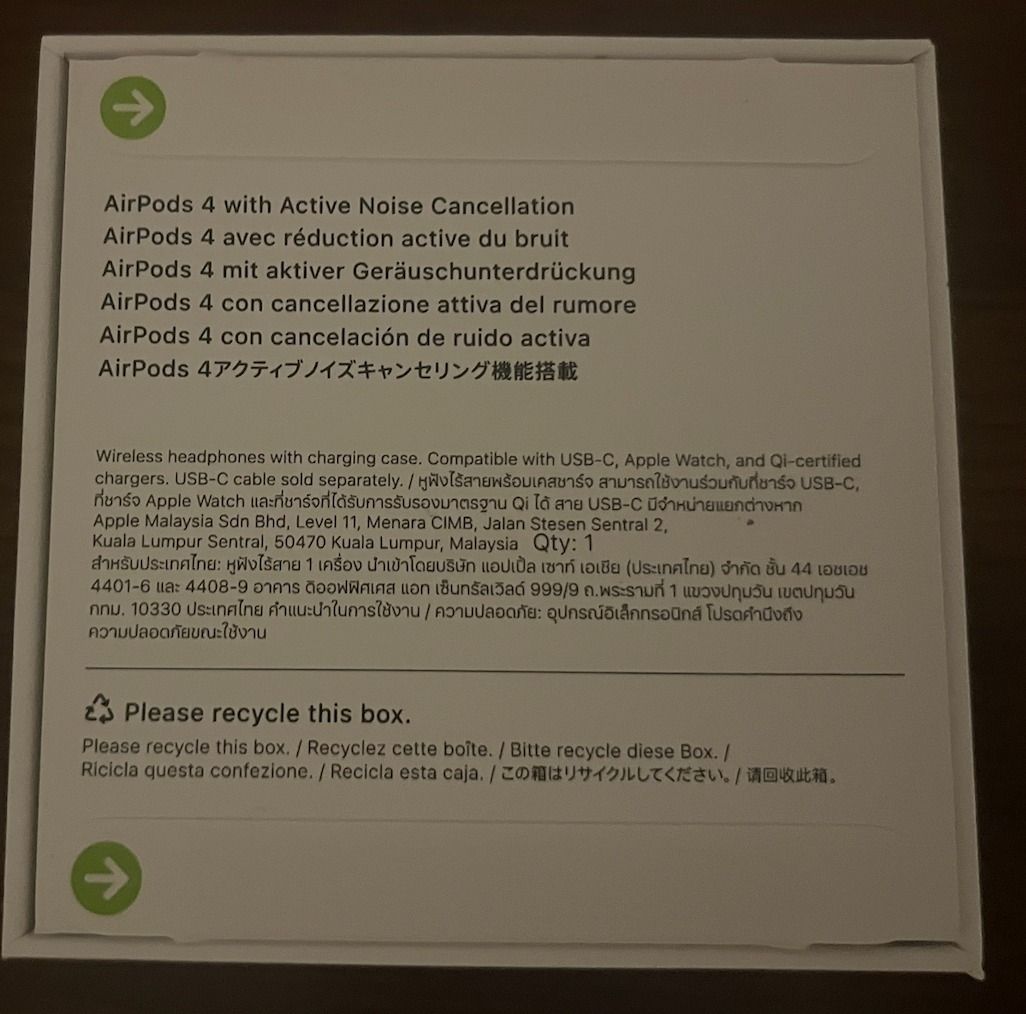 Apple AirPods 4 with Active Noise Cancellation (Category: Earphones) located in Singapore. Submitted by lalaland66 (Listing ID 1380281161, Image 2). Description: Brand new Apple AirPods 4 with Active Noise Cancellation. Comes in original packaging. Includes charging case. Compatible with USB-C, Apple Watch, and Qi-certified chargers. USB-C cable sold separately..