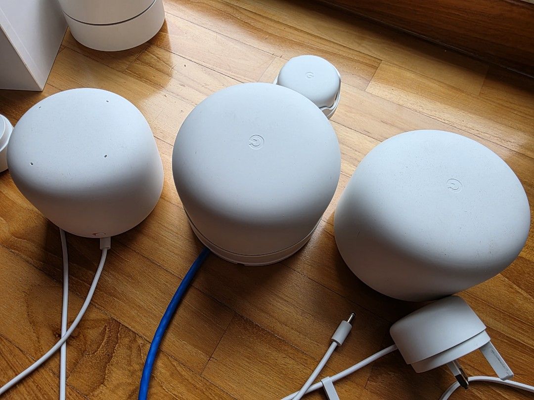 Google Nest Wifi Routers and Point - White (Category: Networking) located in Singapore. Submitted by ridefully (Listing ID 1380112162, Image 2). Description: - Google Nest Wifi set (2 routers + 1 point) - Google Wifi (2 routers) - Google Nest Wifi and Google Wifi are compatible to form a wifi mesh network. - Google Nest Wifi point can work as a Google assistant with speaker. - Excellent condition and fully functional. - Includes all power adapter