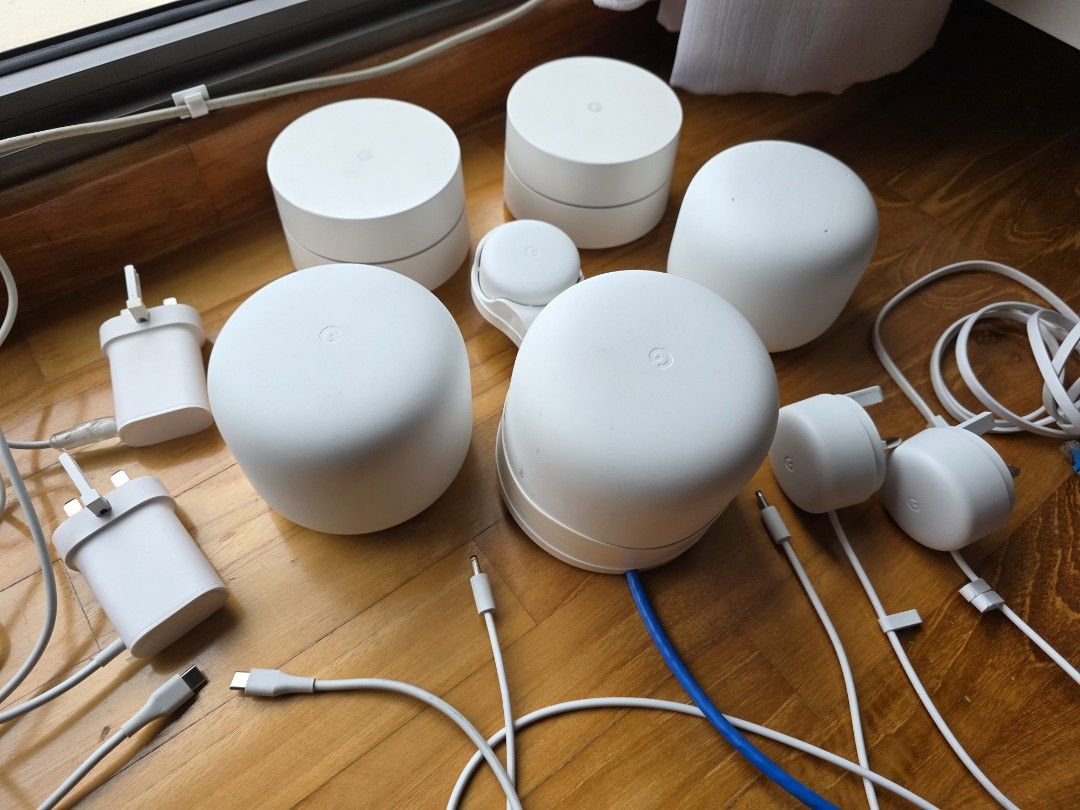 Google Nest Wifi Routers and Point - White (Category: Networking) located in Singapore. Submitted by ridefully (Listing ID 1380112162, Image 1). Description: - Google Nest Wifi set (2 routers + 1 point) - Google Wifi (2 routers) - Google Nest Wifi and Google Wifi are compatible to form a wifi mesh network. - Google Nest Wifi point can work as a Google assistant with speaker. - Excellent condition and fully functional. - Includes all power adapter