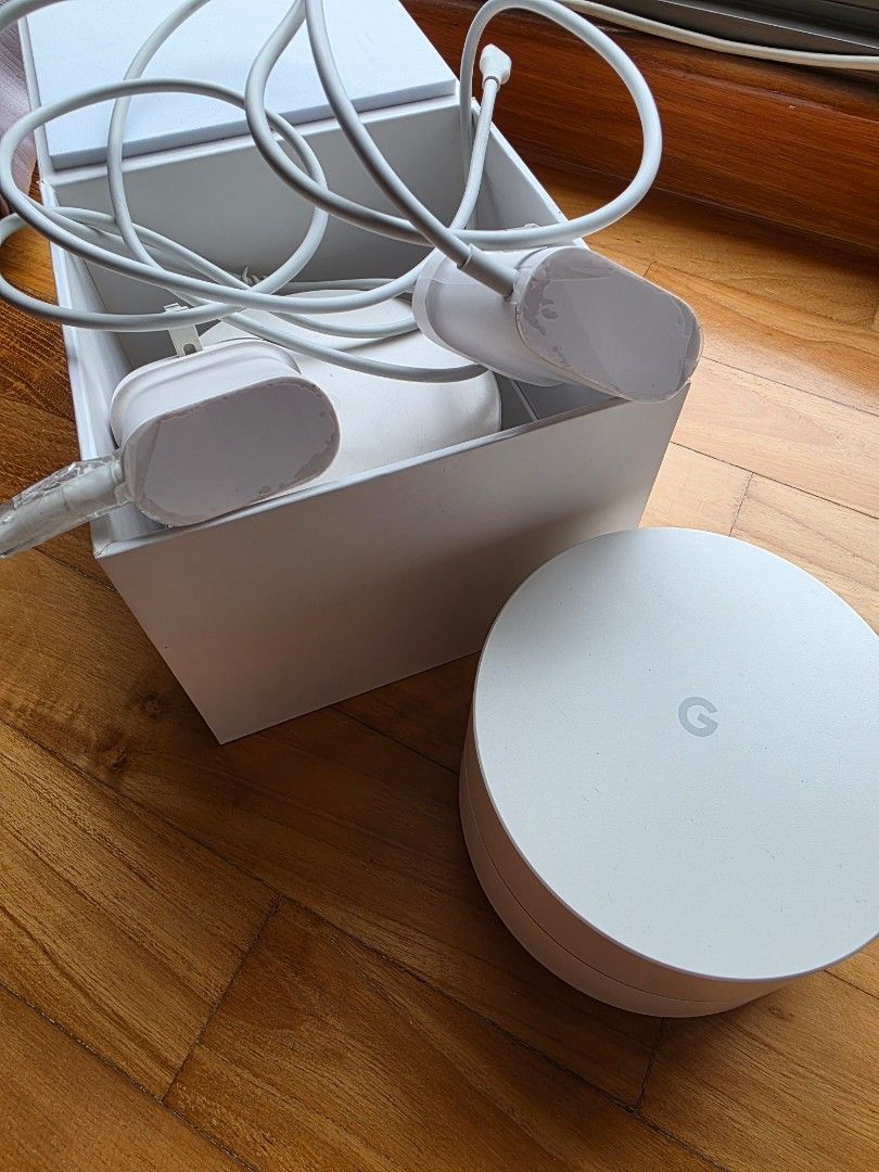 Google Nest Wifi Routers and Point - White (Category: Networking) located in Singapore. Submitted by ridefully (Listing ID 1380112162, Image 3). Description: - Google Nest Wifi set (2 routers + 1 point) - Google Wifi (2 routers) - Google Nest Wifi and Google Wifi are compatible to form a wifi mesh network. - Google Nest Wifi point can work as a Google assistant with speaker. - Excellent condition and fully functional. - Includes all power adapter