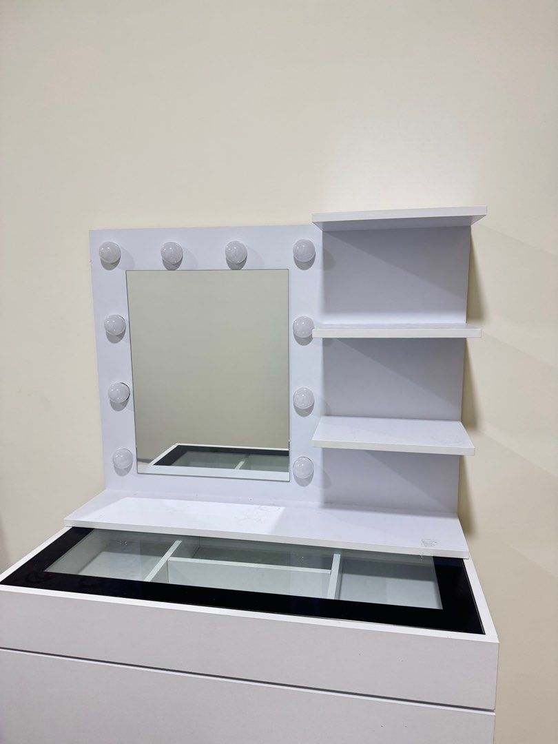 Makeup table with rack (Category: Tables & Sets) located in Kuala Lumpur. Submitted by kryst4ll (Listing ID 1380232534, Image 2). Description: Vanity Mirror and chest drawer with top display RM430 for both (last price) pickup @ sungai buloh or lalamove van and above ❌ No cod Can buy separately : ✅Vanity Mirror RM170 ✅Top display rack RM280 .