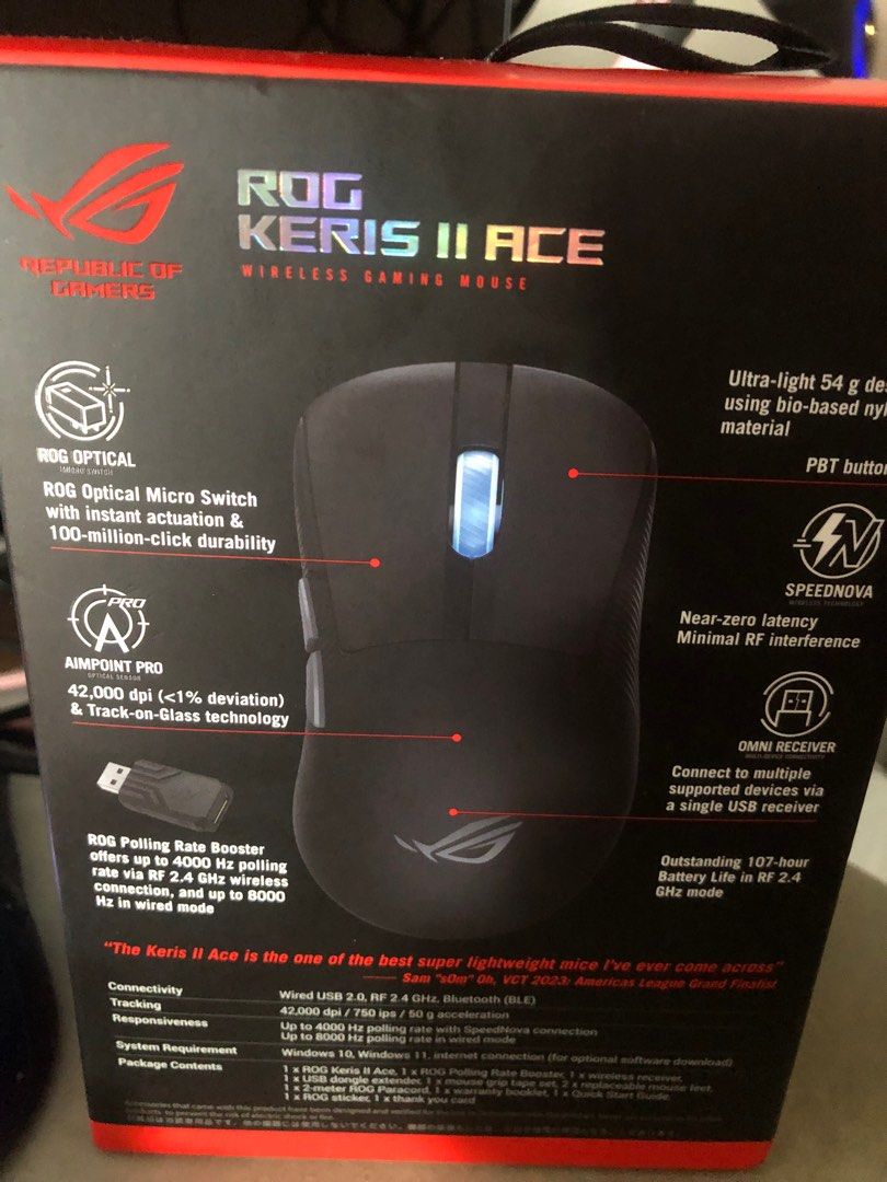 ROG gaming mouse (Category: Mouse & Mousepads) located in Manila. Submitted by bonets_boutique (Listing ID 1380162888, Image 2). Description: ROG KERIS II ACE Authentic #gamingmouse #ROGMOUSE Bought in Hongkong .