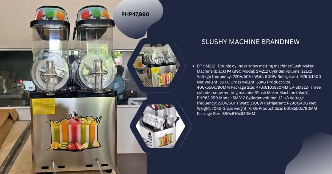 SLUSH MACHINE! (Category: Industrial Equipment) located in Silang. Submitted by vash_03 (Listing ID 1380119806, Image 1). Description: SLUSH MACHINE! VARIATIONS: EP-SM212 (DOUBLE CYLINDER) PHP 47,990 EP-SM312 (THREE CYLINDER) PHP 63,990 MESSAGE ME DIRECTLY FOR MORE INFO : ✅OUR WAREHOUSE ID LOCATED AT LUCENA CITY,QUEZON/ SILANG CAVITE /ANGELES,PAMPANGA ✅MONDAY TO SATURDAY ✅ OFFICE HOURS : 9AM - 6PM ✅7 DAYS REPLACEMENT/ 3 MONTHS WARRANTY ( repair,p