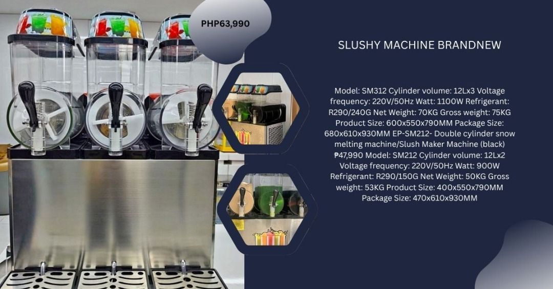 SLUSH MACHINE! (Category: Industrial Equipment) located in Silang. Submitted by vash_03 (Listing ID 1380119806, Image 3). Description: SLUSH MACHINE! VARIATIONS: EP-SM212 (DOUBLE CYLINDER) PHP 47,990 EP-SM312 (THREE CYLINDER) PHP 63,990 MESSAGE ME DIRECTLY FOR MORE INFO : ✅OUR WAREHOUSE ID LOCATED AT LUCENA CITY,QUEZON/ SILANG CAVITE /ANGELES,PAMPANGA ✅MONDAY TO SATURDAY ✅ OFFICE HOURS : 9AM - 6PM ✅7 DAYS REPLACEMENT/ 3 MONTHS WARRANTY ( repair,p