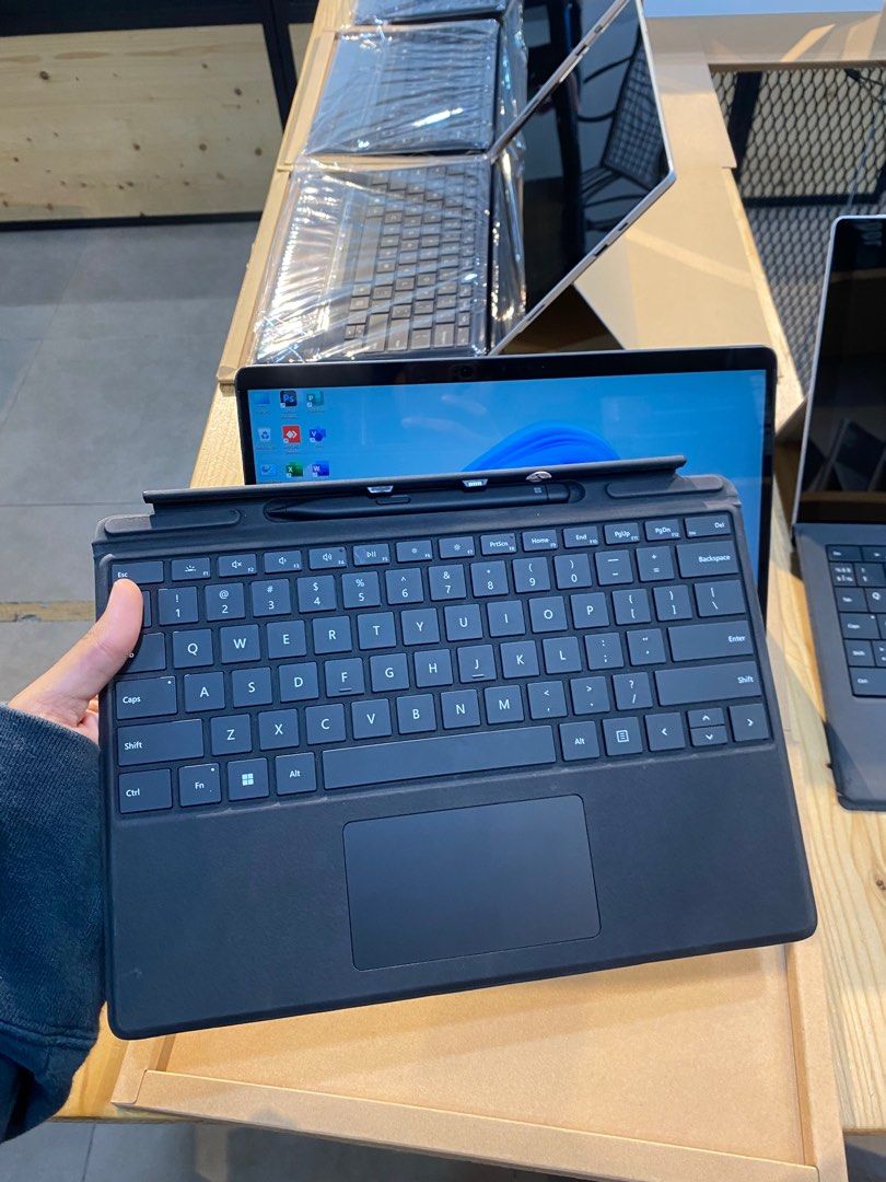 surface pro 8 (Category: Laptops & Notebooks) located in Mantin. Submitted by bibialeysaa (Listing ID 1380129007, Image 2). Description: surface pro 8 LIMITED STOCK✅ RM 4599❌❌❌ RM3199✅✅✅ i5 11 th gen 16gb ram 256 gb ssd intel iris xe graphic 13 inch windows 11 free keyboard free beg laptop type c port audi combo jack charging port camera front and back build in stand touch screen keyboard detachble heavy duty free installing microsoft office or a