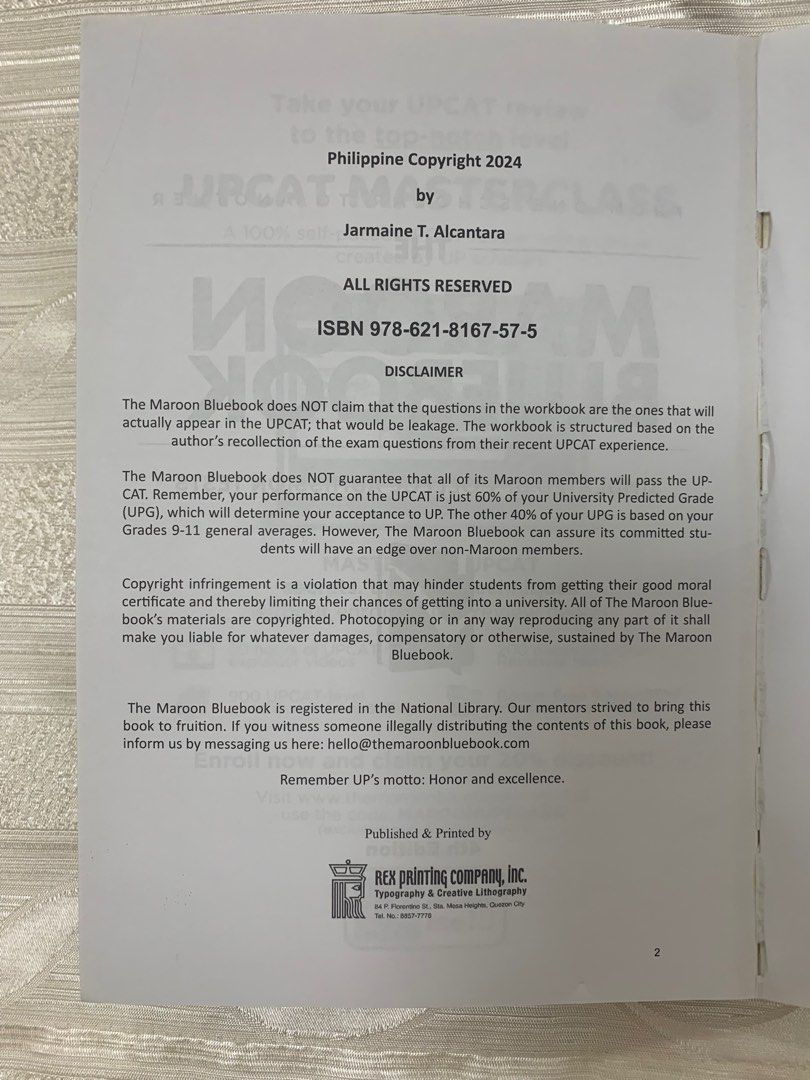 The Maroon Bluebook (Category: Textbooks) located in Paranaque City. Submitted by AnZStorecellent (Listing ID 1380198506, Image 2). Description: The Maroon Bluebook- Simulated UP College Admission Tests Created by UPCAT Passers UPCAT simulated college entrance test reviewer Copyright 2024 Rex Printing Company Inc..