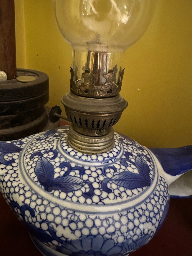 Vintage Blue & White Ceramic Oil Lamp + Mini Stove Set (Collectible Decor) (Category: Vases & Decorative Bowls) located in Quezon City. Submitted by jesellechua (Listing ID 1380175274, Image 2). Description: Charming vintage-style ceramic decor set featuring: 🪔 1 oil lamp with glass chimney (functional or decorative) 🍵 1 miniature ceramic stove (can hold tea light candles or for display) 🌸 1 small matching bowl or cup Beautiful blue-and-white 