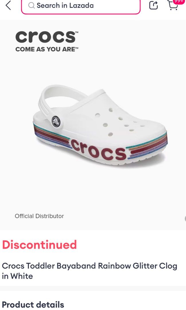 Authentic Crocs toddler bayaband white rainbow glitter clog (Category: Babies & Kids Fashion) located in Bulacan. Submitted by solovedbyjel (Listing ID 1380451548, Image 1). Description: Swipe to see more pics and condition of the slippers. Size C6! Can be unisex. Negotiable price..