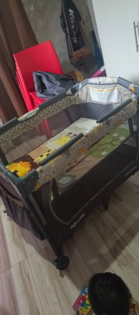 Crib/Playpen (Category: Cots & Cribs) located in Cainta. Submitted by ayaviethriftshop (Listing ID 1378542202, Image 3). Description: Apruva Dream N Play Complete with bag and accessories. Newborn can be use as co sleeper and playpen at the same time. This is my daughters crib. Bought at SM. No Haggling..