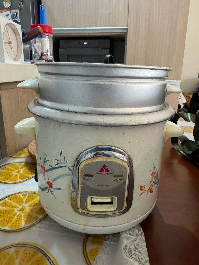 Hanabishi Rice Cooker 6 cups (Category: Cookers) located in Manila. Submitted by bunanni (Listing ID 1380297616, Image 1). Description: Flaws: Electrical tape used on the wiring - see photo Small damage on the steamer handles - see photo.