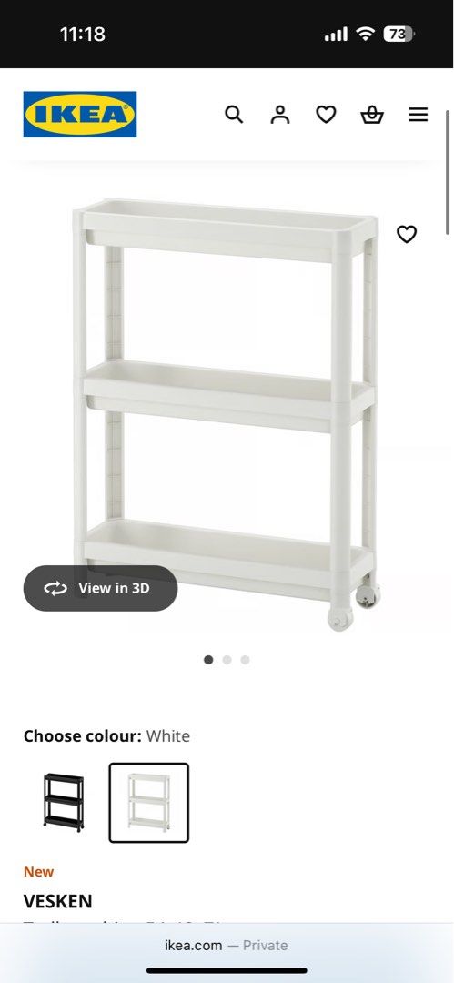 IKEA White plastic Shelf/Toilet storage (Category: Shelves, Cabinets & Racks) located in Singapore. Submitted by xfifionaa (Listing ID 1380315842, Image 1). Description: IKEA VESKEN shelf in white. It has three shelves and is on wheels for easy movement. Perfect for bathroom storage. Great for narrow space. Pick up only - Rob Quay.