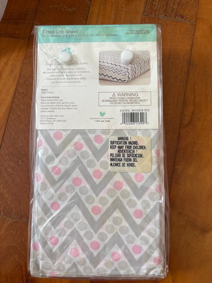 Just Born Safe Sleep Fitted Crib Sheet (Category: Cots & Cribs) located in Singapore. Submitted by J.cooper (Listing ID 1380362919, Image 1). Description: Brand new, unopened Just Born Safe Sleep fitted crib sheet. Features a cute chevron and polka dot pattern in grey, pink, and white. Made of 100% cotton. Fits a standard crib mattress..