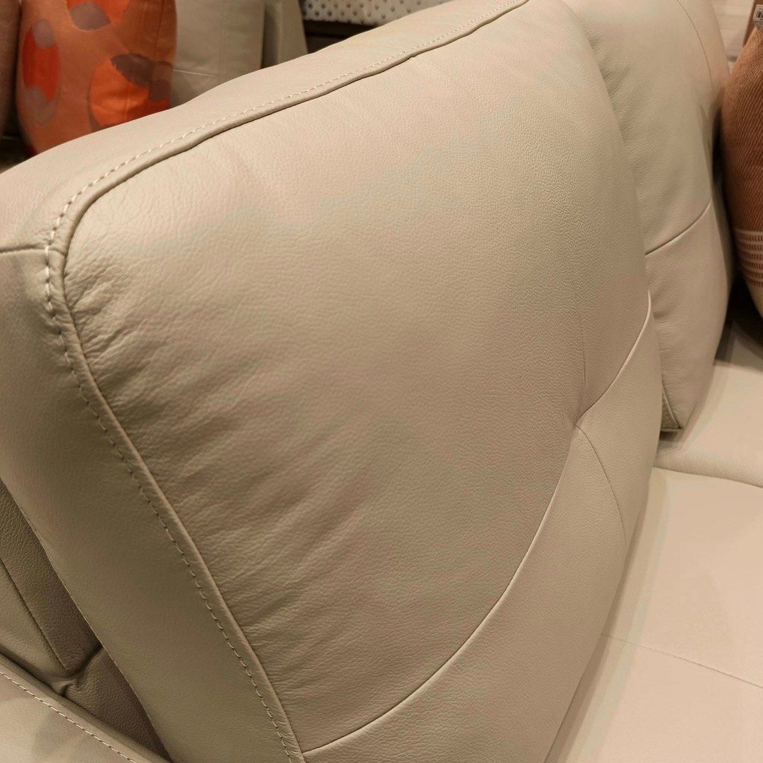 Our Home 3-seater Leather Sofa (Category: Sofas) located in Manila. Submitted by sulitrepo (Listing ID 1380305772, Image 3). Description: Lindy 3-seater Leather Sofa Uruguay half leather with soft tuft back cushion Wood frame Metal footings Very comfortable to sit on Brand new Still at Our Home, ready for pick up anytime RFS: Change of mind Dimensions: 200L x 87W x 74H x 41H cm Color: Light gray (looks cream-gray) Selling for 43,890 SRP 49,950 *P