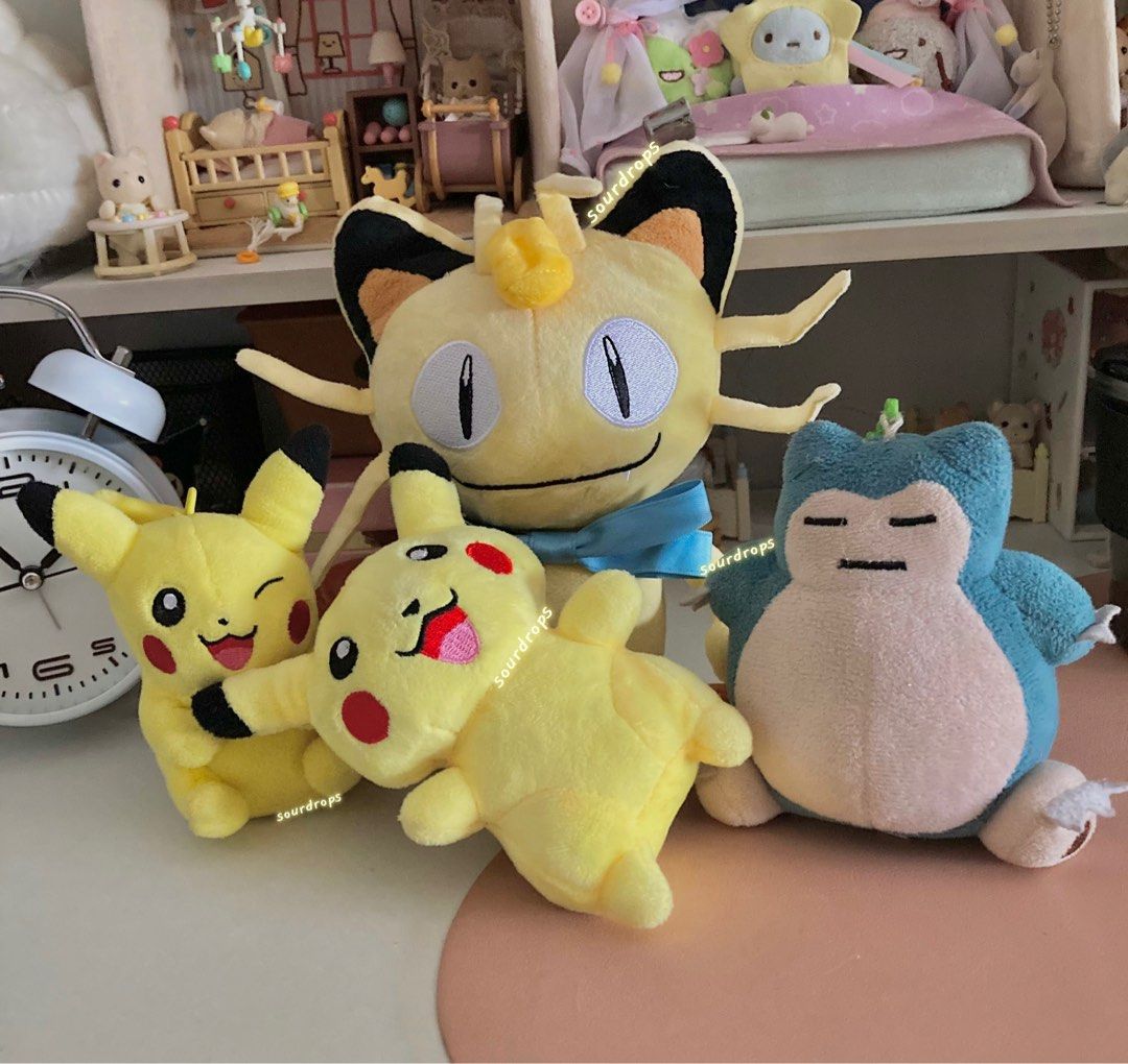 Pokemon Pikachu, Snorlax, and Meowth Character Plush Bundle (Category: Plushies & Soft Toys) located in Pasig City. Submitted by sourdrops (Listing ID 1380394063, Image 1). Description: - Meowth cut etiketa and loose bow - 1 Pikachu cut etiketa - Snorlax and 1 Pikachu no etiketa - All need wash ❗️IMPORTANT❗️ 🌸 Reservations: dp of 50php minimum - will only mark as reserved after initial pay - no refund for cancelled reservation - strictly cancel 