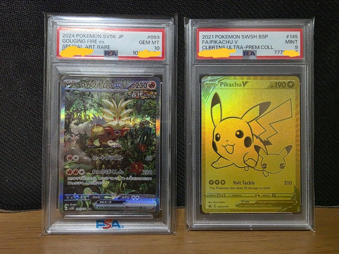 PSA 10 / 9 Graded Pokemon Cards Slab - Pikachu V, Gouging Fire, Jolteon, Mesprit (Category: Toys & Games) located in Singapore. Submitted by chloridecl (Listing ID 1380481690, Image 1). Description: PSA 10 & 9 slabs for sale Price is firm if getting only 1 slab Price is as follows: 1. SWSH145 Pikachu V [PSA 9] [SOLD] 2.sv5K Gouging Fire ex SAR [PSA 10] - $90 3. sv8 Mesprit AR [PSA 9] - $ 30 4. 2018 Jpn Sun & Moon Kirlia Ultra Shiny GX [PSA 9] - $