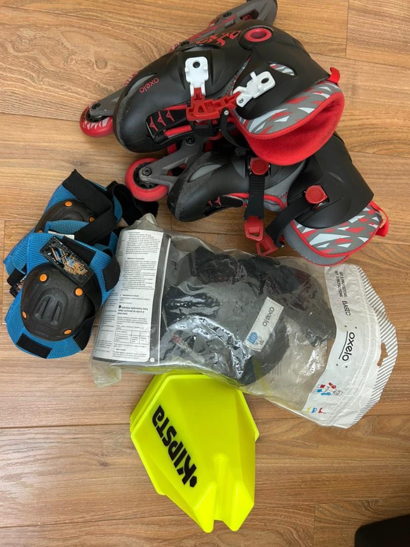 Roller inline skates and protector (Category: Skates, Rollerblades & Scooters) located in Petaling Jaya. Submitted by wondermin (Listing ID 1380433421, Image 1). Description: A pair of roller inline skates (expandable) size 32 to 34(see pic) Knee and elbow protector 2 sizes 6 skittle cone Used but in good condition..