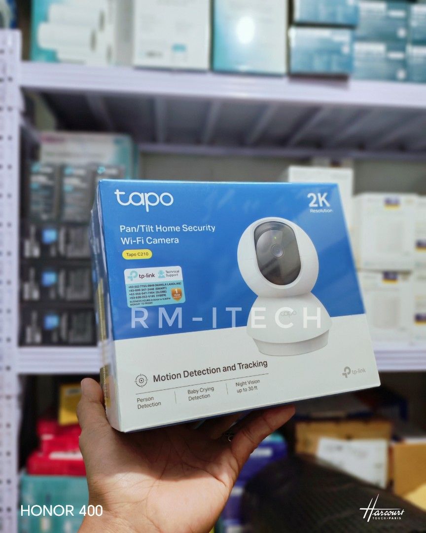 tapo Pan/Tilt Home Security Wi-Fi Camera (Category: Security Systems & CCTV Cameras) located in Manila. Submitted by rm.itech051523 (Listing ID 1380329706, Image 2). Description: Pan/Tilt Home Security Wi-Fi Camera Model: Tapo C210 Field of View: 360° Horizontal Video Definition: 2K Definition (2304 × 1296 px) Audio: TWo-Way (Built-in Microphone and Speaker) Night Vision: 850 nm IR LED (Up to 30 ft) Wireless Protocols: IEEE 802.11b/g/n, 2.4 GHZ8 