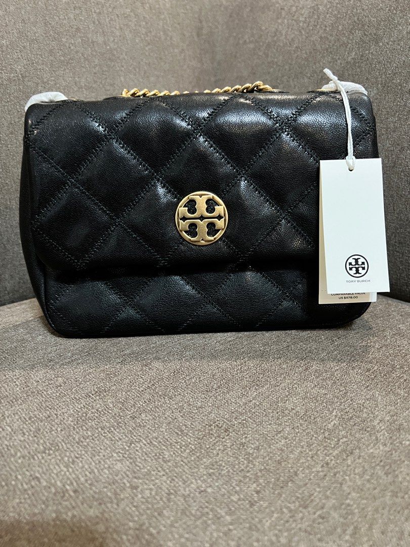 Tory Burch (TB) Willa Small Shoulder Bag - Black (Category: Luxury Bags & Wallets) located in San Pedro. Submitted by misslumi (Listing ID 1380476640, Image 1). Description: Brand New from 🇺🇸!!! Tory Burch Willa Small Shoulder Bag - Black Sealed! With polyplastic, stuffings, tags. - Quilted flap chain shoulder bag with logo emblem - Calf leather - Main flap with magnetic closure - Interior zip pocket - Interior slip pocket - Back slip pocket - 
