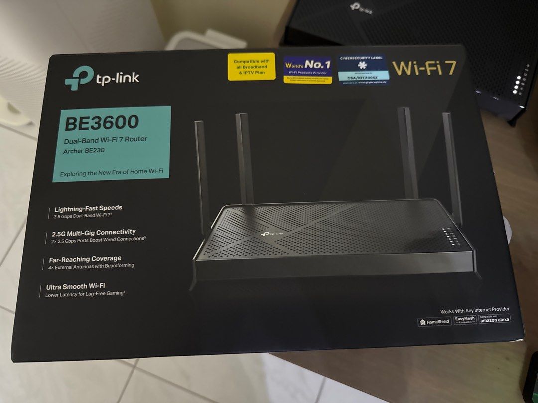 TP-Link Archer BE3600 Dual-Band Wi-Fi 7 Router (Category: Networking) located in Singapore. Submitted by ve_xuan (Listing ID 1380433966, Image 1). Description: Looking for lease take over on a TP-Link Archer BE3600 Wi-Fi 7 Router contract Lease term: Sep 2025 onwards Plan Speed: 3 Gbps Monthly payment: $38.99 With a one-time relocation fee: $61.05 It comes in its original packaging. Features lightning-fast speeds, 2.5G Multi-Gig connectivity, and