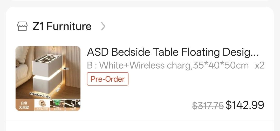 Side table (Category: Tables & Sets) located in Singapore. Submitted by serenebeh (Listing ID 1380323059, Image 2). Description: - well used Z1 Furniture ASD bedside table - Floating design - Wireless charging - LED lighting - Color: White - Dimensions: 35x40x50cm - Perfect for modern bedrooms - Pre-order item.