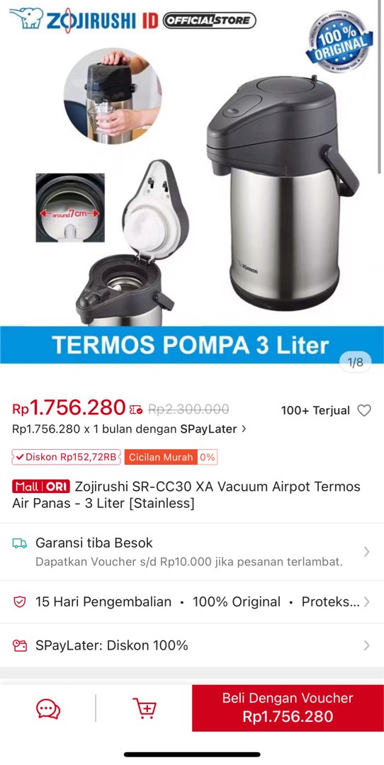 100% ORI] Zojirushi Airpot Thermos Liter Stainless SR-CC30-XA