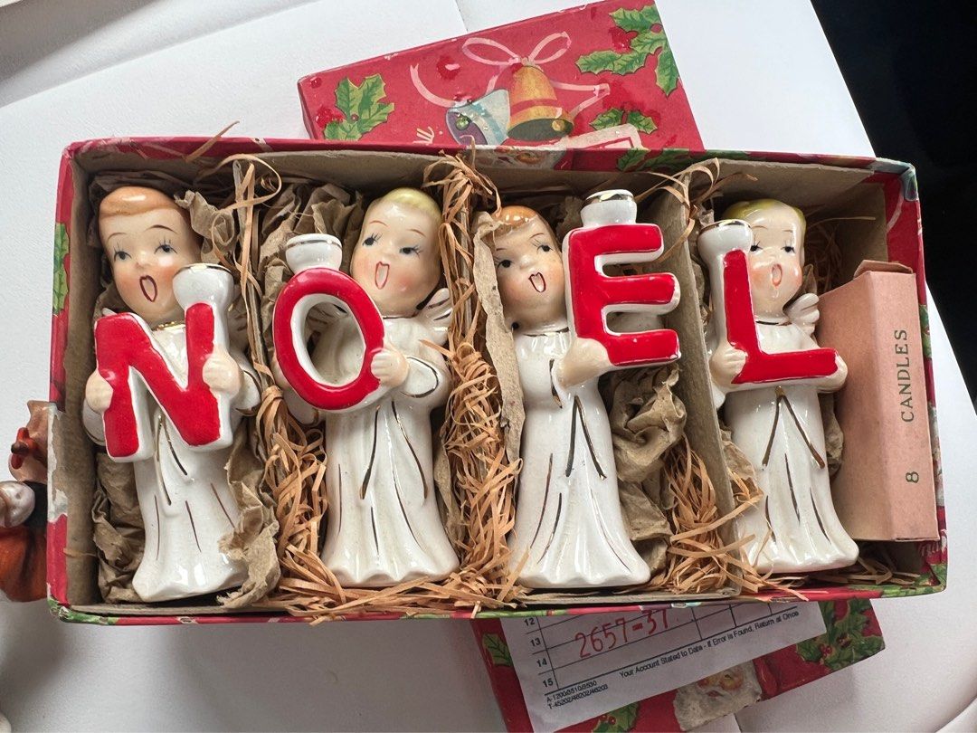 1950’s Vintage NOEL Christmas Candle Holder (Category: Other Home Decor) located in Singapore. Submitted by _bayang_ (Listing ID 1380500413, Image 1). Description: Vintage NOEL Christmas Candle Holder COMMODORE Choir Angel 1950 Ceramic Choir Angel Candleholder - Set 4.