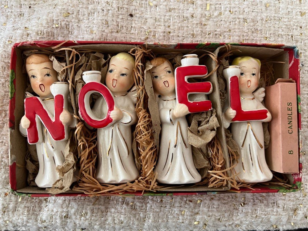 1950’s Vintage NOEL Christmas Candle Holder (Category: Other Home Decor) located in Singapore. Submitted by _bayang_ (Listing ID 1380500413, Image 2). Description: Vintage NOEL Christmas Candle Holder COMMODORE Choir Angel 1950 Ceramic Choir Angel Candleholder - Set 4.