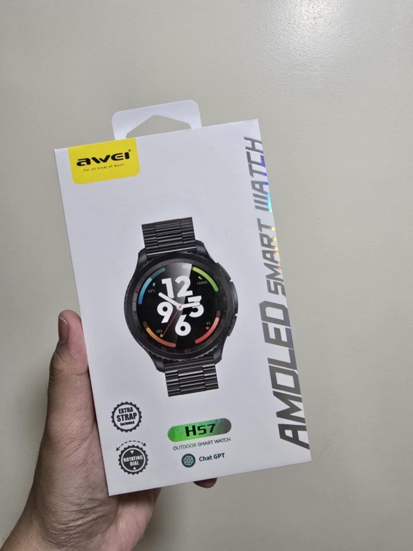 Awei H57 Outdoor Smart Watch (Category: Men's Watches) located in Manila. Submitted by mercedgret74092 (Listing ID 1380582884, Image 1). Description: Nasa box ang details Brandnew open for testing only 3k+ nabili 1950 na lang po 2 straps included leather and stainless Amoled display 7-10 days battery life.