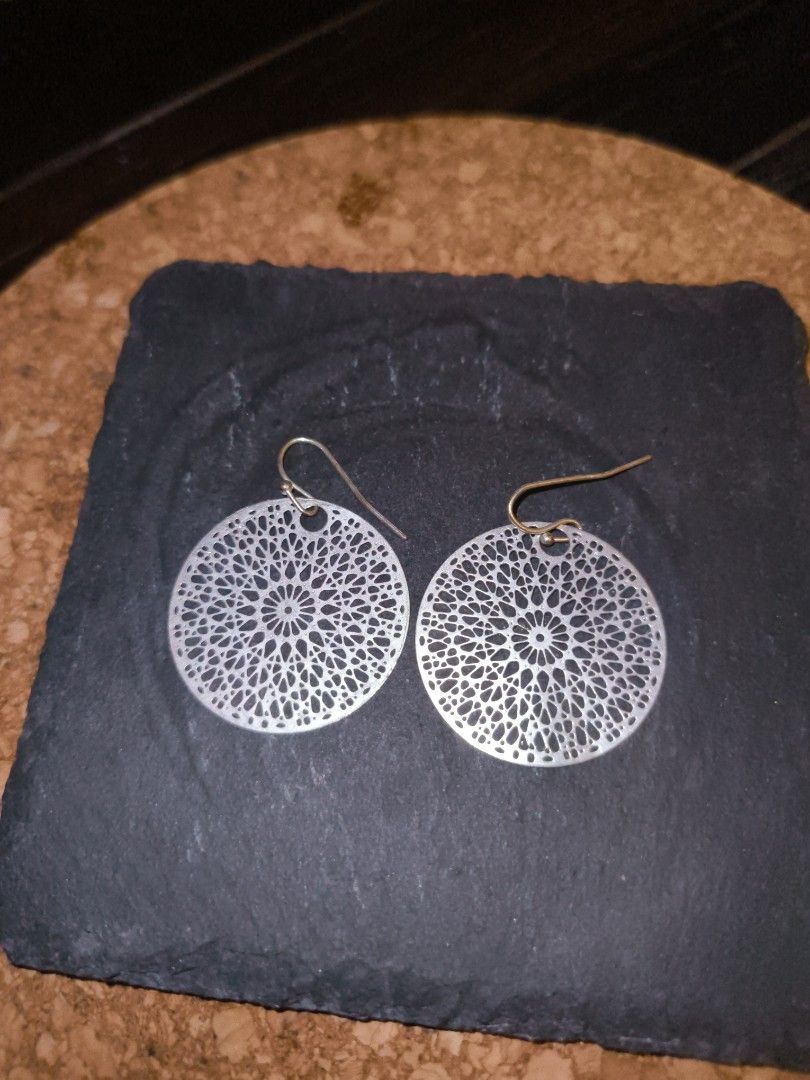 Laser-cut steel coin dangle earrings (Category: Earrings) located in Singapore. Submitted by asianbossgirl (Listing ID 1380652380, Image 1). Description: Bought in Melbourne but unworn. Slight tarnishing of hooks. Sterling silver hooks, steel laser-cut filigree coin 3cm wide. self-collection or top-up for delivery..