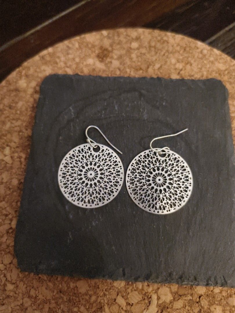 Laser-cut steel coin dangle earrings (Category: Earrings) located in Singapore. Submitted by asianbossgirl (Listing ID 1380652380, Image 2). Description: Bought in Melbourne but unworn. Slight tarnishing of hooks. Sterling silver hooks, steel laser-cut filigree coin 3cm wide. self-collection or top-up for delivery..