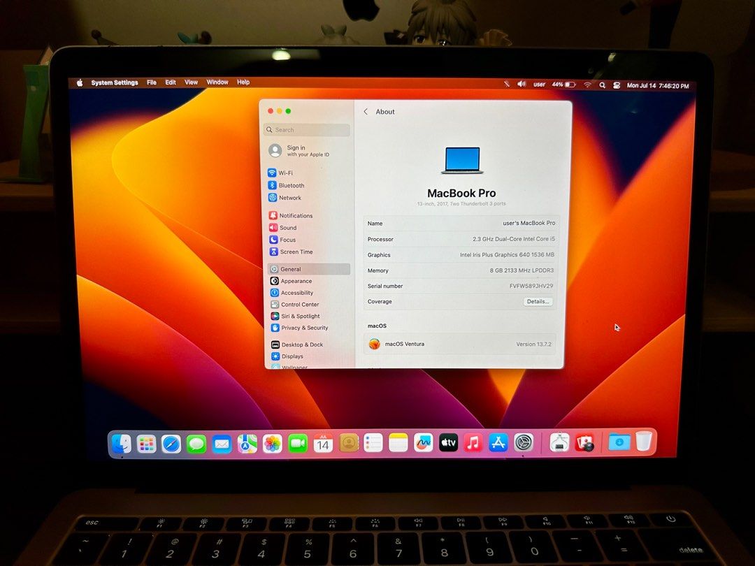 MacBook Pro 2017 13-inch 256GB (Category: Laptops & Notebooks) located in Quezon City. Submitted by k9bull70 (Listing ID 1380664834, Image 3). Description: For sale MacBook Pro 13-inch, 2017, non Touch Bar 2 Thunderbolt 3 ports Processor: 2.3 GHz Dual-Core Intel Core i5 Graphics: Intel Iris Plus Graphics 640 Storage: 256GB Memory: 8 GB Serial number: FVFW589JHV29 macOS Ventura 13.7.2 Battery: 57 cycle count, service recommended (can power for abo