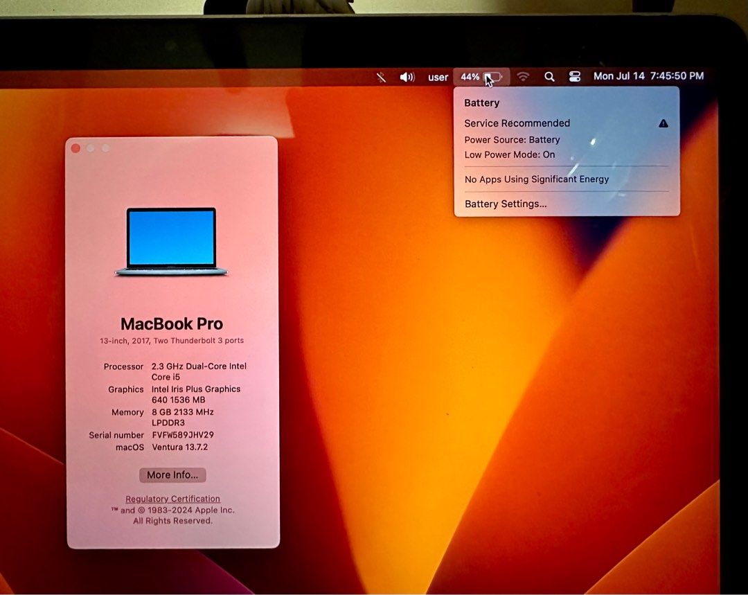 MacBook Pro 2017 13-inch 256GB (Category: Laptops & Notebooks) located in Quezon City. Submitted by k9bull70 (Listing ID 1380664834, Image 2). Description: For sale MacBook Pro 13-inch, 2017, non Touch Bar 2 Thunderbolt 3 ports Processor: 2.3 GHz Dual-Core Intel Core i5 Graphics: Intel Iris Plus Graphics 640 Storage: 256GB Memory: 8 GB Serial number: FVFW589JHV29 macOS Ventura 13.7.2 Battery: 57 cycle count, service recommended (can power for abo
