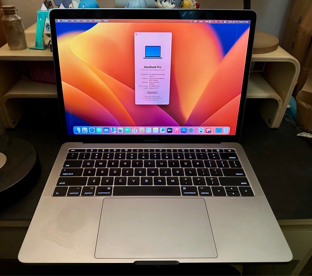 MacBook Pro 2017 13-inch 256GB (Category: Laptops & Notebooks) located in Quezon City. Submitted by k9bull70 (Listing ID 1380664834, Image 1). Description: For sale MacBook Pro 13-inch, 2017, non Touch Bar 2 Thunderbolt 3 ports Processor: 2.3 GHz Dual-Core Intel Core i5 Graphics: Intel Iris Plus Graphics 640 Storage: 256GB Memory: 8 GB Serial number: FVFW589JHV29 macOS Ventura 13.7.2 Battery: 57 cycle count, service recommended (can power for abo