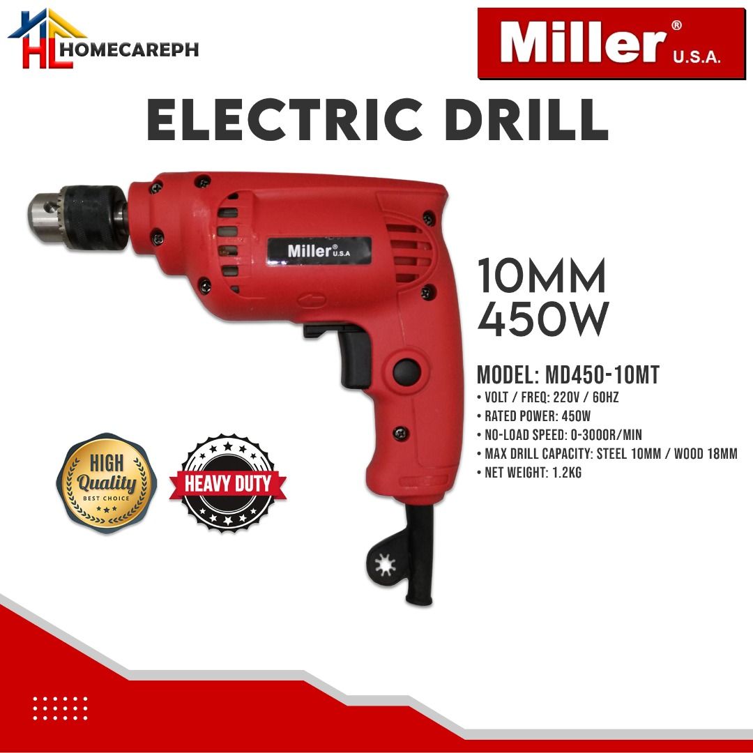 Miller Electric Drill 10mm 450W (MD450-10MT) (Category: Construction Tools & Equipment) located in Manila. Submitted by homecareph (Listing ID 1157190074, Image 1). Description: 07-14-2025 ✅Miller Electric Drill 10mm 450W ✅Model: MD450-10MT • Volt / Freq: 220V / 60Hz • Rated Power: 450W • No-Load Speed: 0-3000r/min • Max Drill Capacity: Steel 10mm / Wood 18mm • Size: 25H x 24W x 7D cm • Net Weight: 1.2kg ✅Quality Guaranteed ✅Heavy Duty ✅For pick-