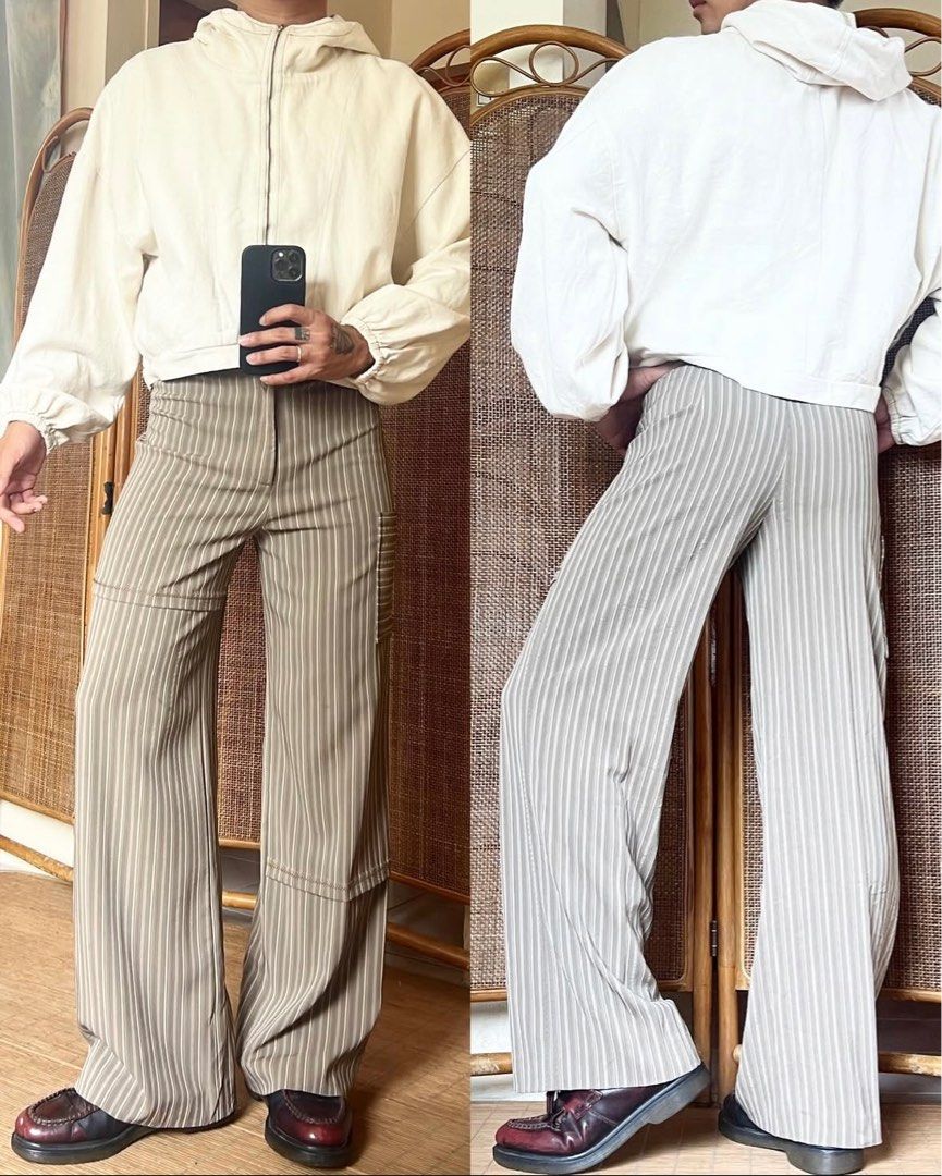 Pinstriped utility trouser pants (Category: Other Bottoms) located in Manila. Submitted by hellopanda_07 (Listing ID 1380604476, Image 1). Description: Got it for 1,300 Hindi ko nagamit. Too small for me. Waist: 30’ Length 29’ Got it sa ig shop!! Ganda in person! Di lang talaga kasya 🥲🥲🥲 Lalamove only!! Shoulder by the buyer. Location: Marikina.